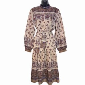 VTG 70s 80s COURTWELL CAREER GUILD BLOUSE SKIRT SET RETRO FLORAL BOHO PEASANT 12